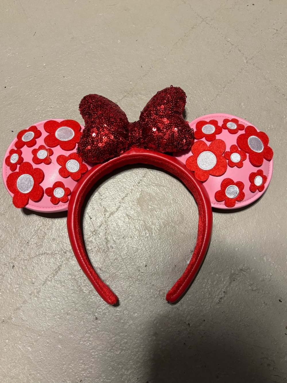 Disney Shanghai Red Sequin Bow Floral Minnie Ears Headband